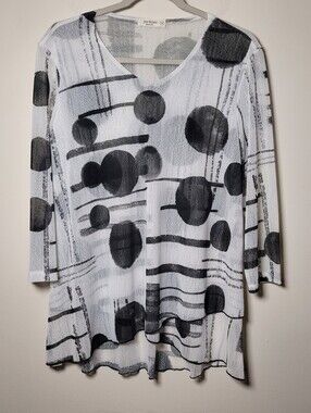 Jess&Jane Top Small Boho Mesh Artsy Abtract V-Neck Overlay
